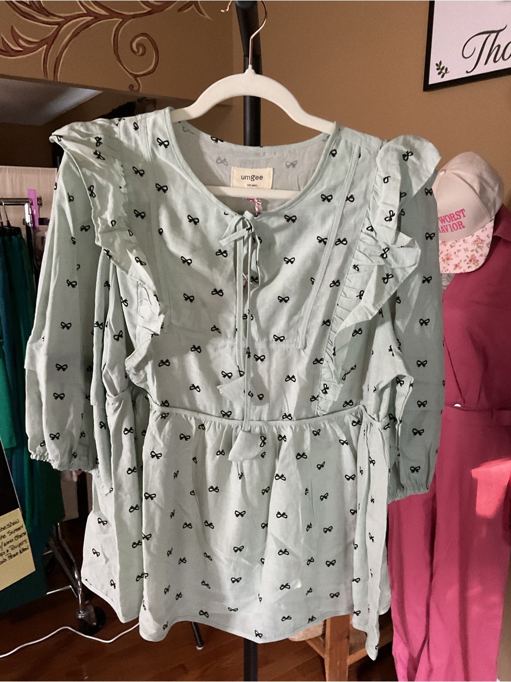 Umgee Mint Green Ruffle Dress with Black Bow Print
